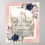 Navy Blue Blush Gold Floral Wedding Welcome Sign at Zazzle