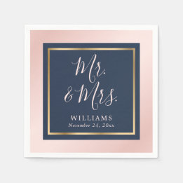 Navy Blue Blush Gold Mr and Mrs Wedding Napkins