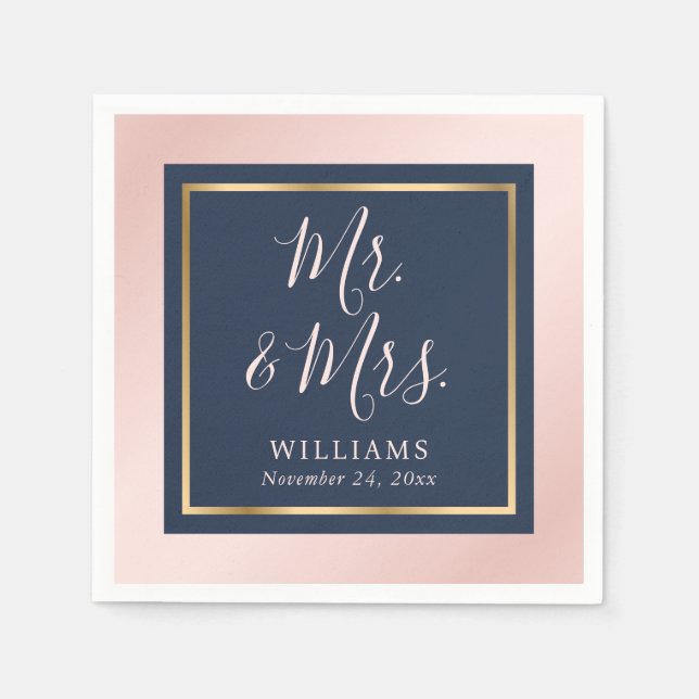 Navy Blue Blush Gold Mr and Mrs Wedding Napkins (Front)
