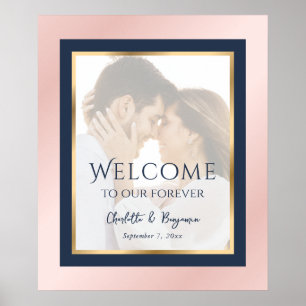Navy Blue Blush Gold Photo Wedding Welcome Sign
