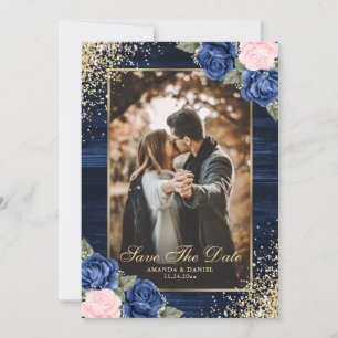 Navy Blue Blush Gold Wood Floral Wedding Photo Save The Date