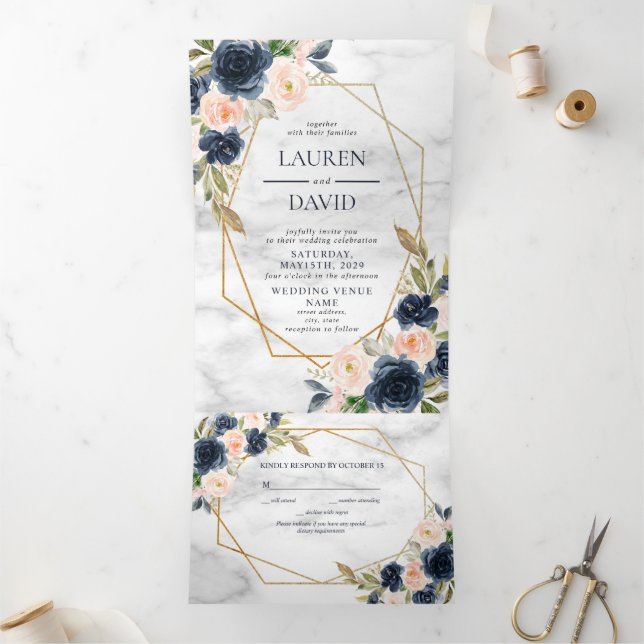 Navy Blue Blush Marble Geometric Floral Tri-Fold Invitation (Inside)