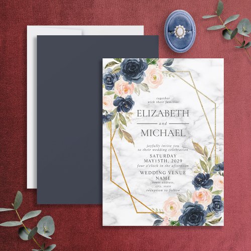 Navy Blue Blush Marble Geometric Floral Wedding Invitation