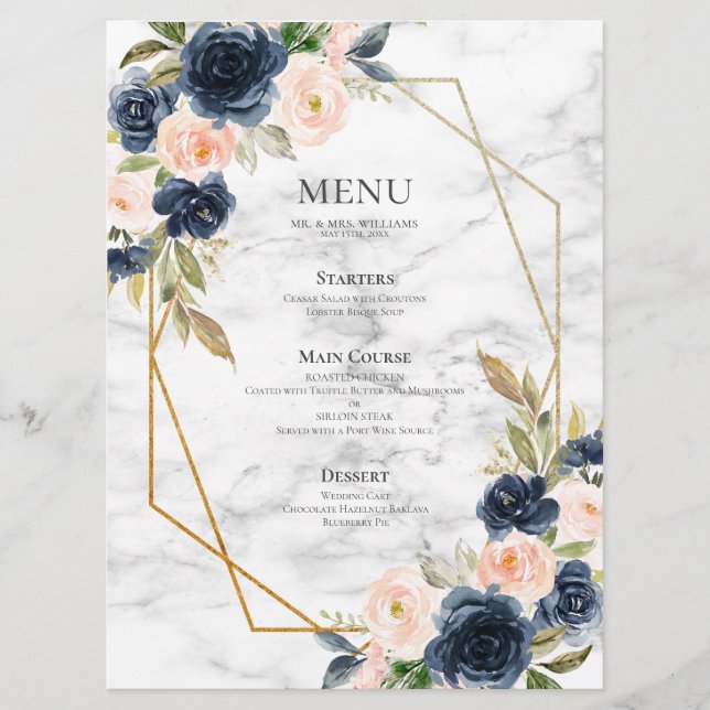 Navy Blue Blush Marble Geometric Floral Wedding Menu (Front)