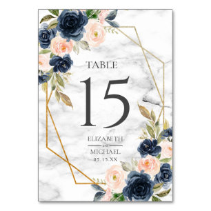 Navy Blue Blush Marble Geometric Floral Wedding Table Number