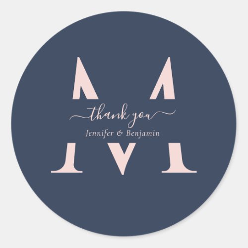 Navy Blue Blush Monogram Wedding Favor Thank You Classic Round Sticker