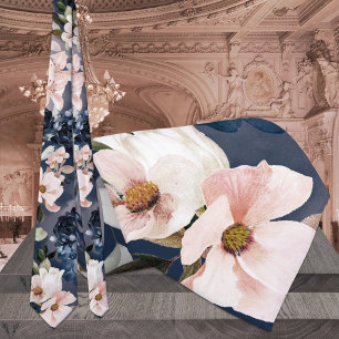 Navy Blue & Blush Peonies & Lilies Wedding  Neck Tie