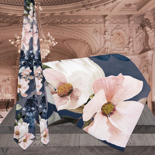 Navy Blue & Blush Peonies & Lilies Wedding  Neck Tie (Creator Uploaded)