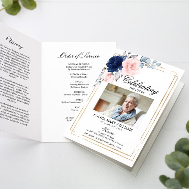 Navy Blue & Blush Photo Memorial Funeral Programs (Creator Uploaded)