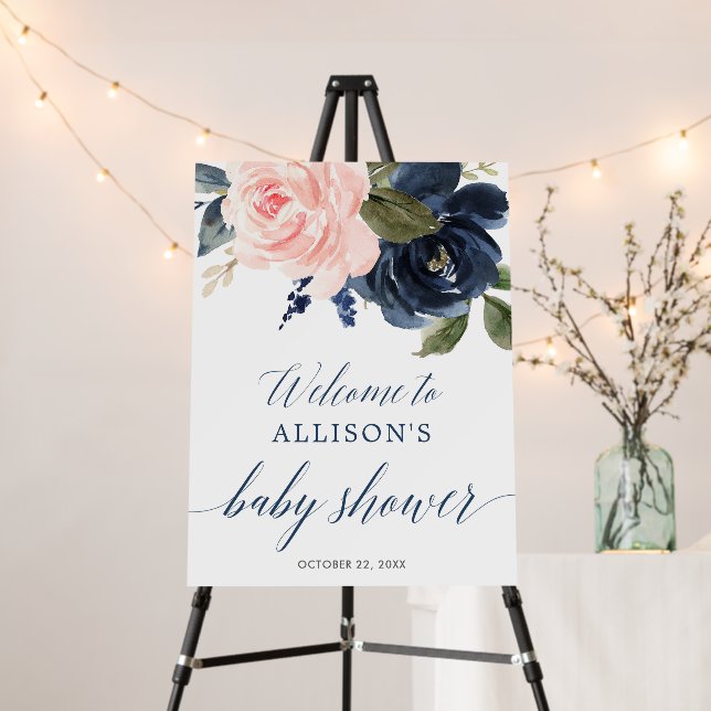 Navy blue blush pink baby shower welcome sign (In Situ (Stand))