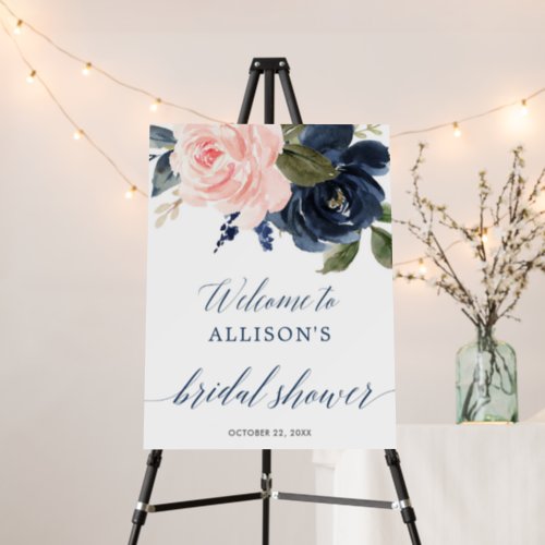 Navy blue blush pink bridal shower welcome sign