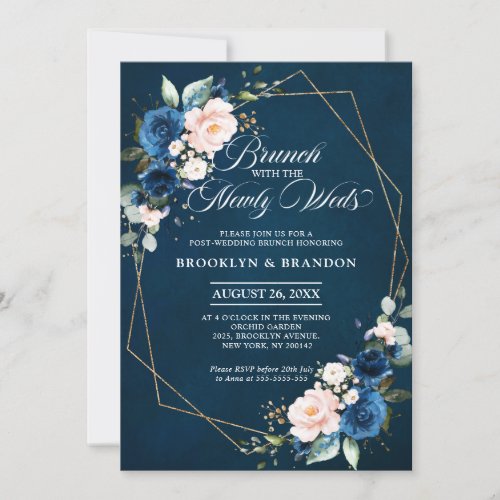Navy Blue Blush Pink Brunch with the newly weds Invitation