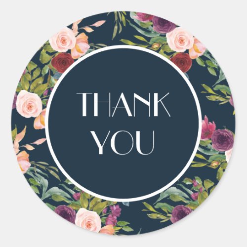 Navy Blue Blush Pink Burgundy Floral Thank You Classic Round Sticker