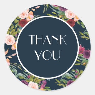 Navy Blue Blush Pink Burgundy Floral Thank You Classic Round Sticker