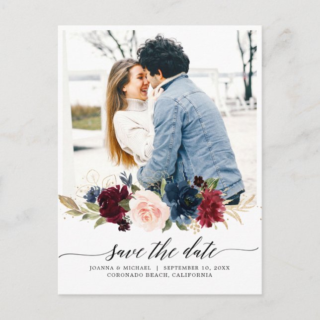 Navy Blue Blush Pink Burgundy Photo Save The Date Postcard (Front)