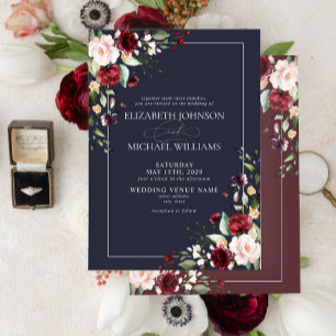 Navy Blue Blush Pink Burgundy Red Floral Wedding Invitation
