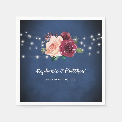 Navy Blue Blush Pink Burgundy Rose Lights Wedding Napkins