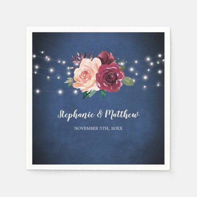 Navy Blue Blush Pink Burgundy Rose Lights Wedding Napkins (Front)