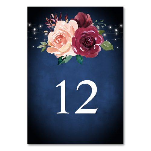 Navy Blue Blush Pink Burgundy Rose Lights Wedding Table Number