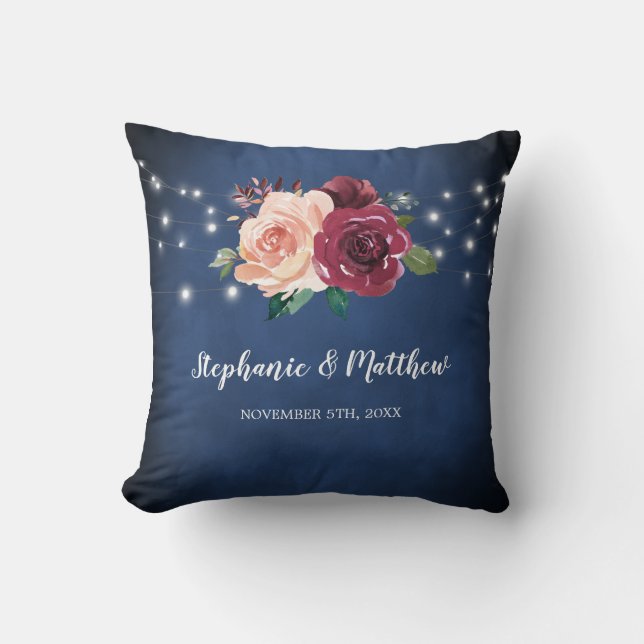 Navy Blue Blush Pink Burgundy Roses Lights Wedding Throw Pillow (Front)