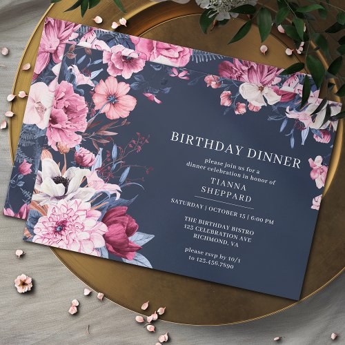 Navy Blue Blush Pink  Chic Floral Birthday Dinner Invitation