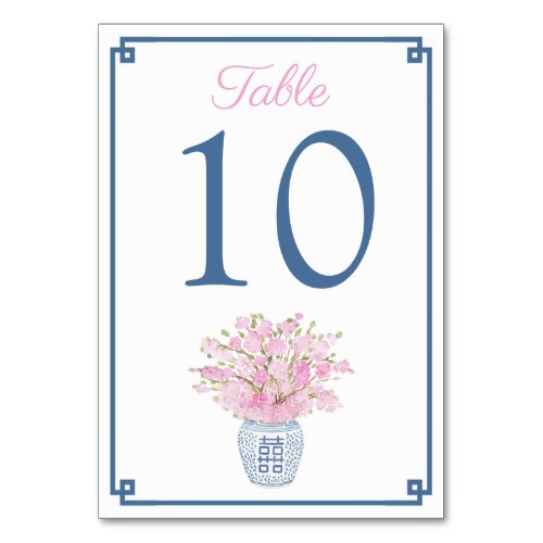 Navy Blue  Blush Pink Chinoiserie Chic Wedding Table Number