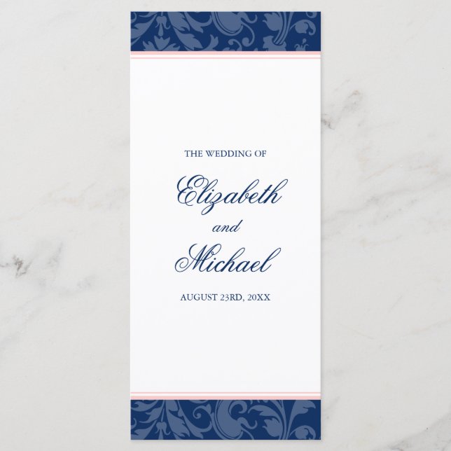 Navy Blue Blush Pink Damask Swirl Wedding Program (Front)