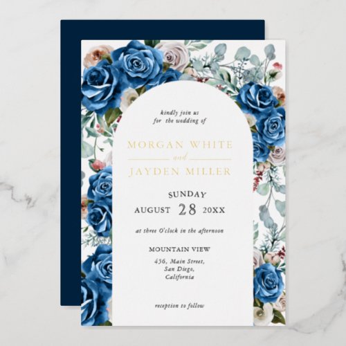 Navy Blue Blush Pink Dusty Floral Arch Wedding  Foil Invitation