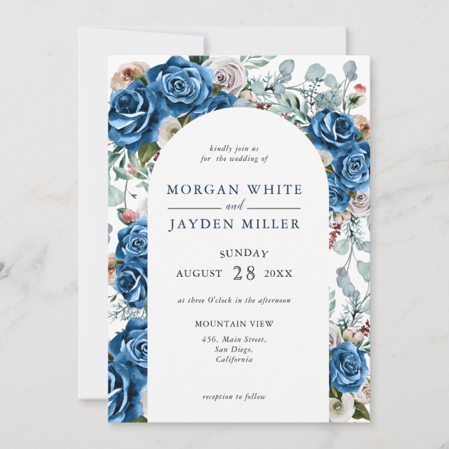 Navy Blue Blush Pink Dusty Floral Arch Wedding Invitation (Front)