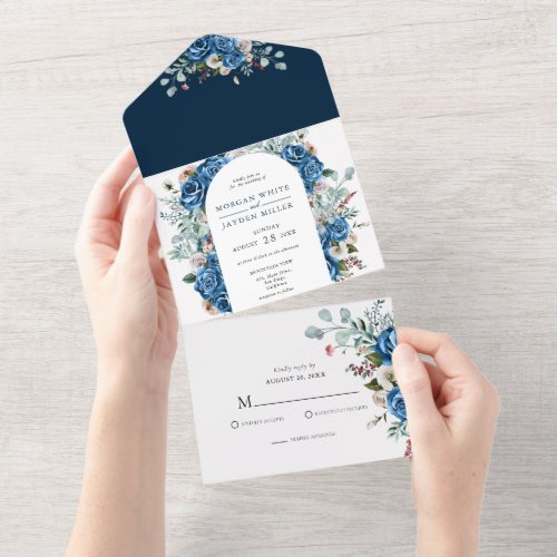 Navy Blue Blush Pink Dusty Floral Wedding  All In One Invitation