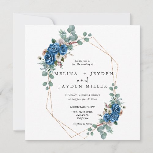 Navy Blue Blush Pink Dusty Floral  Wedding Invitation