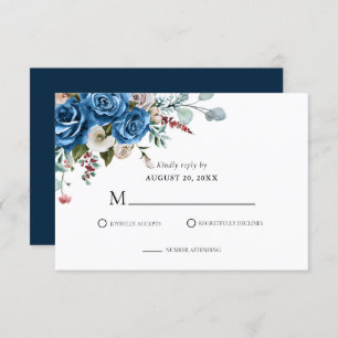 Navy Blue Blush Pink Dusty Floral Wedding RSVP Card