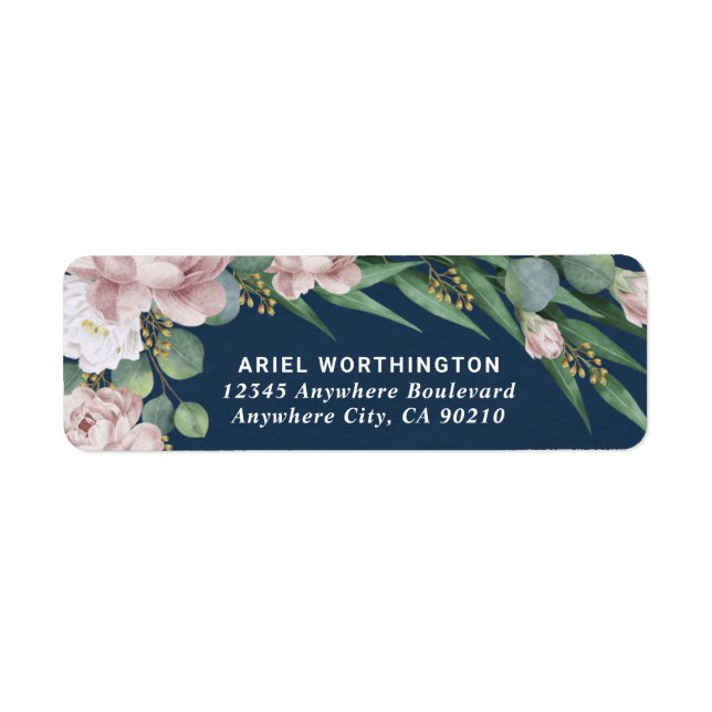 Navy Blue & Blush Pink Dusty Rose Greenery Wedding Label (Front)