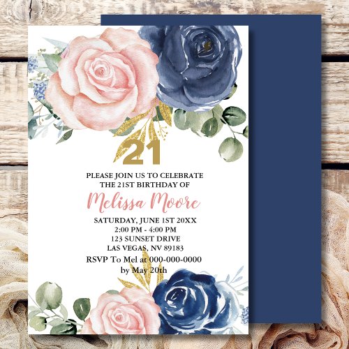 Navy blue blush pink floral 21st birthday invitation