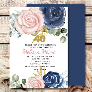 Navy blue blush pink floral 40th birthday invitation