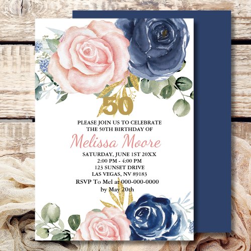 Navy blue blush pink floral 50th birthday invitation