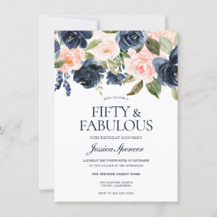 Navy Blue Blush Pink Floral 50th Birthday Party Invitation