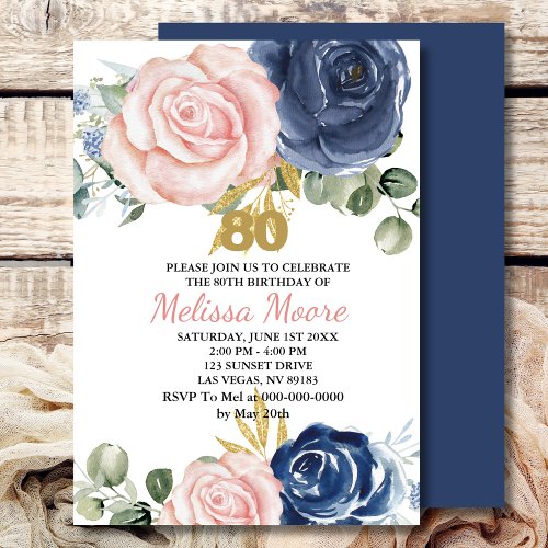 Navy blue blush pink floral 80th birthday invitation