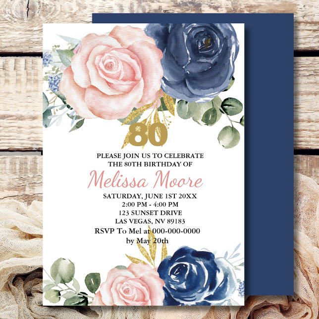 Navy blue blush pink floral 80th birthday invitation (Creator Uploaded)