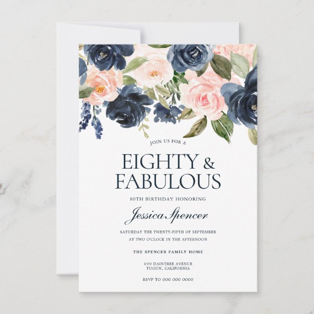Navy Blue Blush Pink Floral 80th Birthday Party Invitation (Front)
