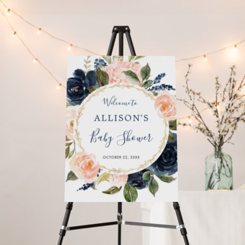 Navy blue blush pink floral baby shower sign