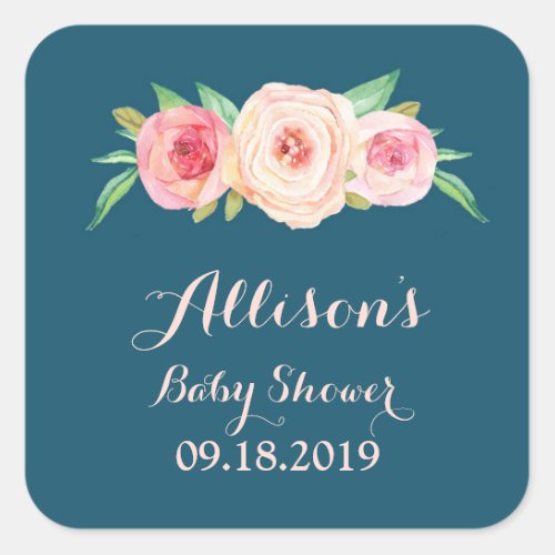 Navy Blue Blush Pink Floral Baby Shower Tag
