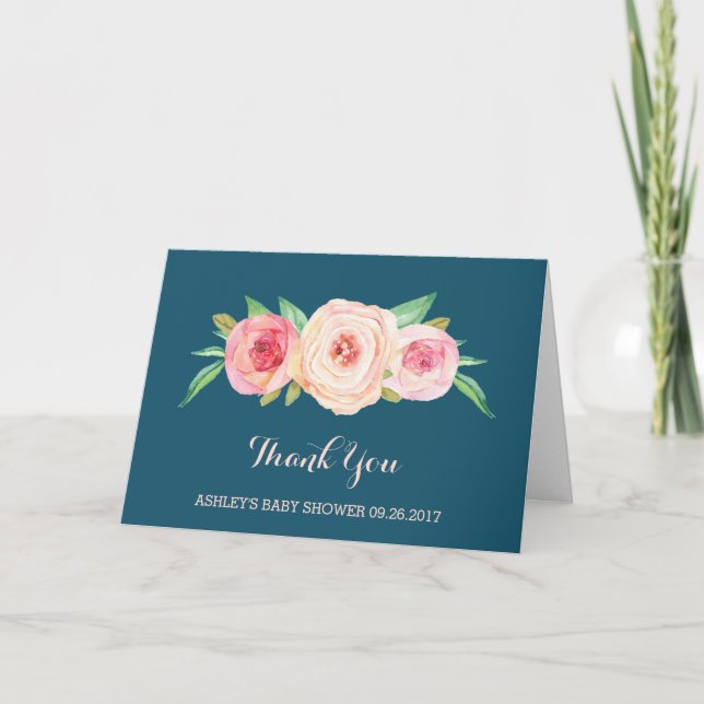 Navy Blue Blush Pink Floral Baby Shower Thank You Card (Front)