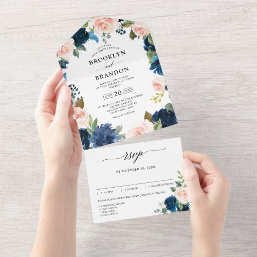 Navy Blue Blush Pink Floral Botanical Wedding All In One Invitation