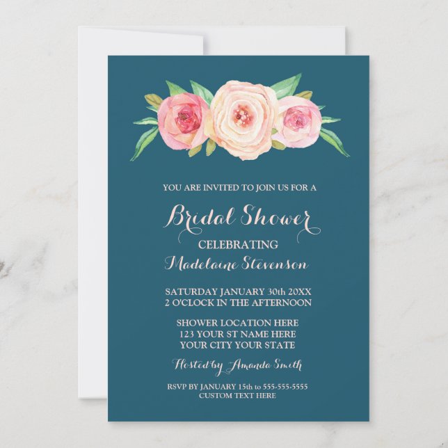 Navy Blue Blush Pink Floral Bridal Shower Invitation (Back)