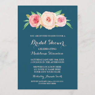 Navy Blue Blush Pink Floral Bridal Shower Invitation