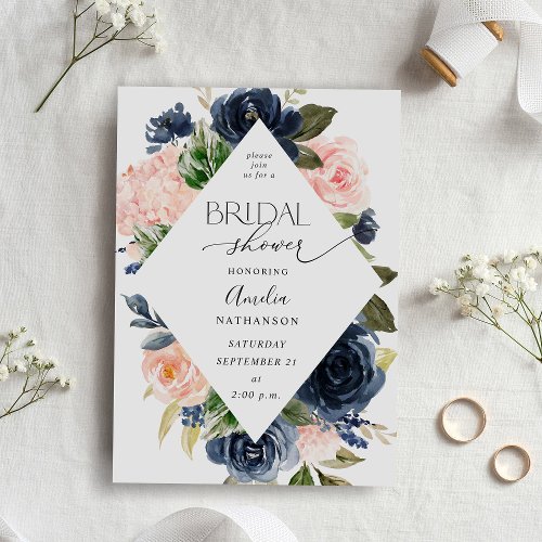 Navy Blue  Blush Pink Floral Bridal Shower Invitation