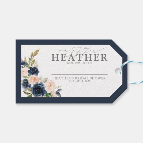 Navy Blue Blush Pink Floral Bridal Shower No Wrap Gift Tags