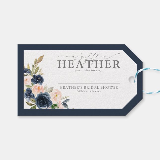 Navy Blue Blush Pink Floral Bridal Shower No Wrap Gift Tags (Front (Horizontal))