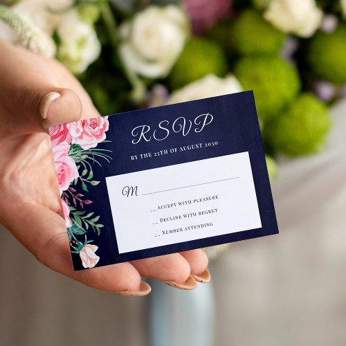 Navy blue blush pink floral budget wedding RSVP Enclosure Card